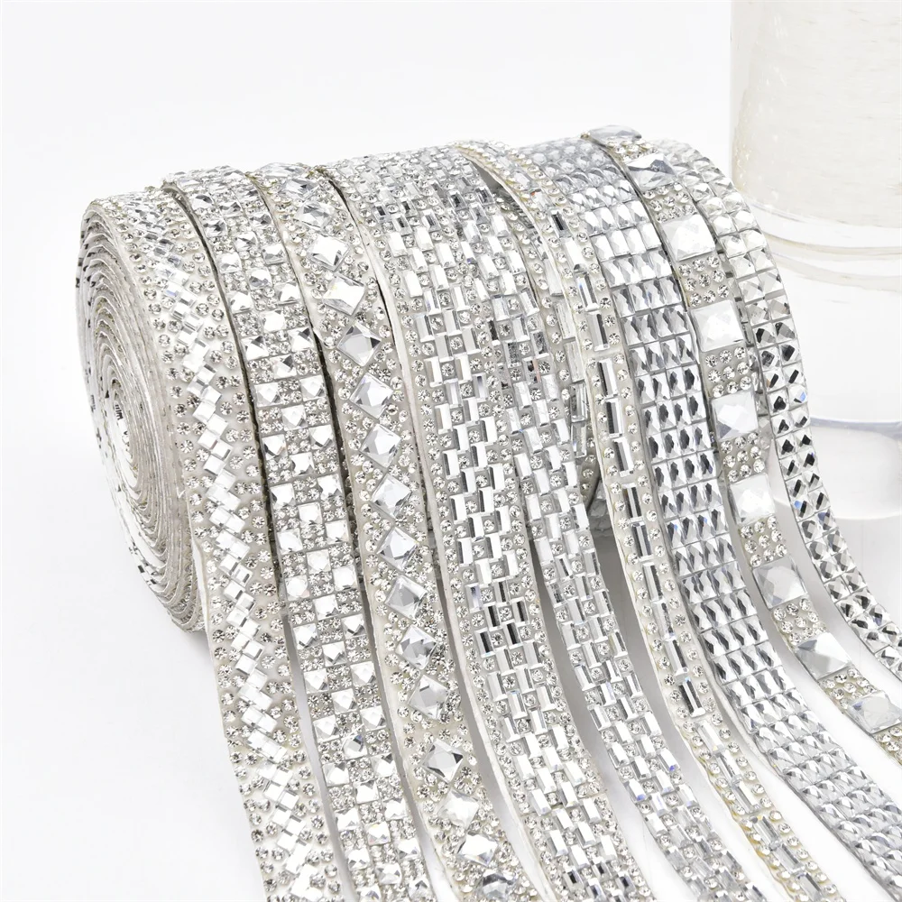Glitter Clear Square Rhinestone Sticker Diamond Ribbon Self Adhesive Crystal Tape Trim Applique for Wedding Car Home Decoration