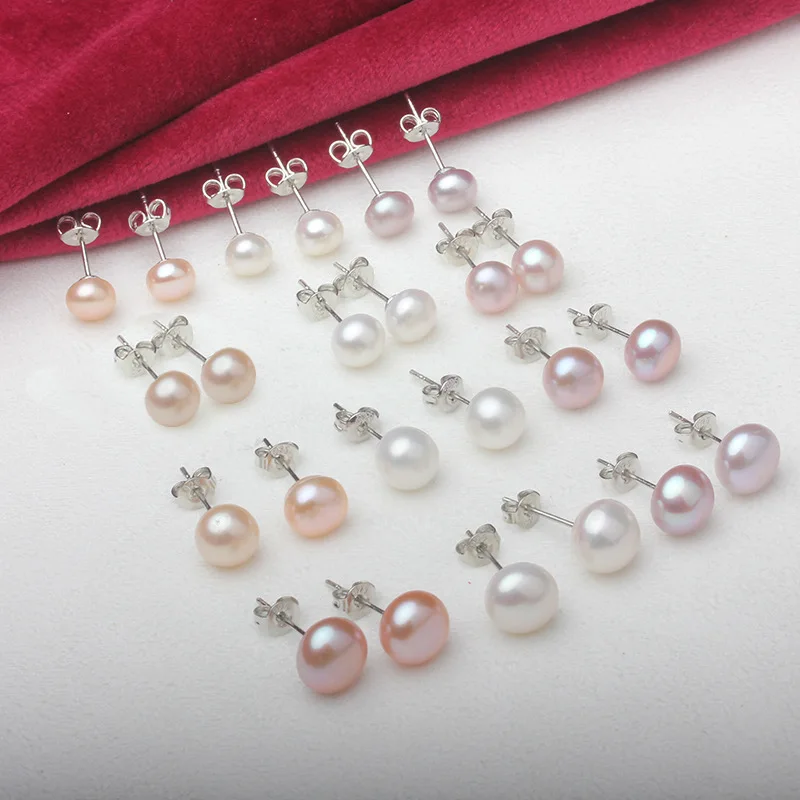 6-12mm Freshwater Pearl Stud Earrings Copper Plated 925 Silver Pearl Earrings