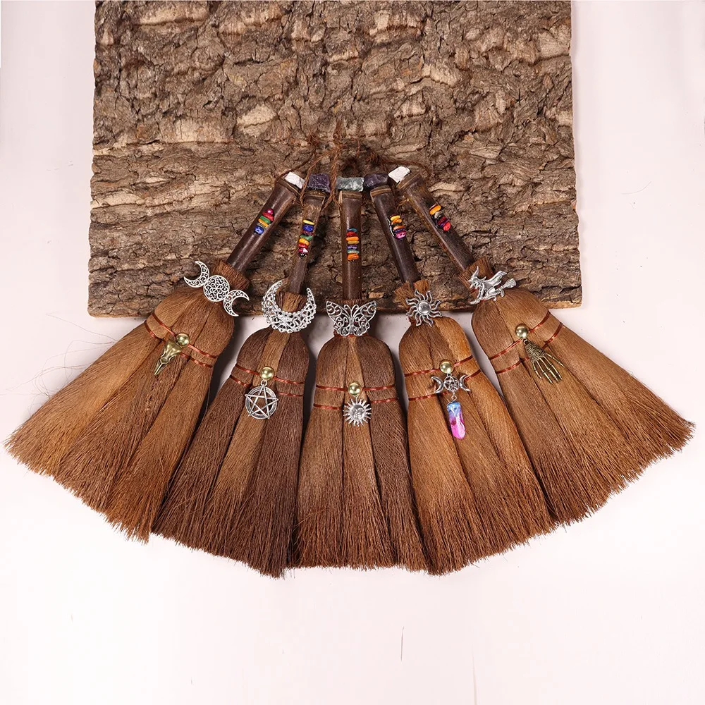 Wholesale handmade brown witch broom for  Wiccan Ritual Broom Crystal Healing Witch Broom