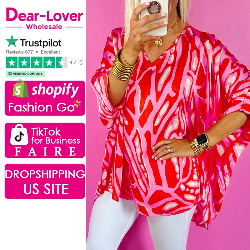 Dear-Lover Fashion Elegant Abstract Print V Neck Batwing Sleeve Oversized Blouses And Shirts For Women