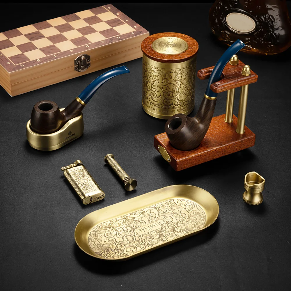 CIGARLOONG New Arrival Pipe Set Cigar Luxury Metal Smoking Set 7 Piece Set Ashtray Pipe Stand