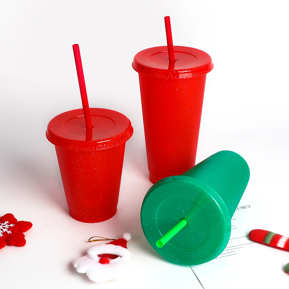  Горячая Распродажа упаковка 5 24 унций 710 мл пластиковые чашки для сока Sippy многоразовые мерцающие холодные с крышками и
