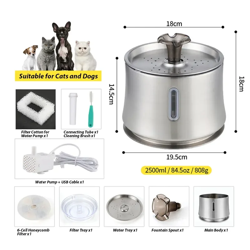 OEM/ODM App Control Flow Mode Filtration Water Food-Grade Stainless Steel Intelligent Separator Automatic Pet Water Fountain