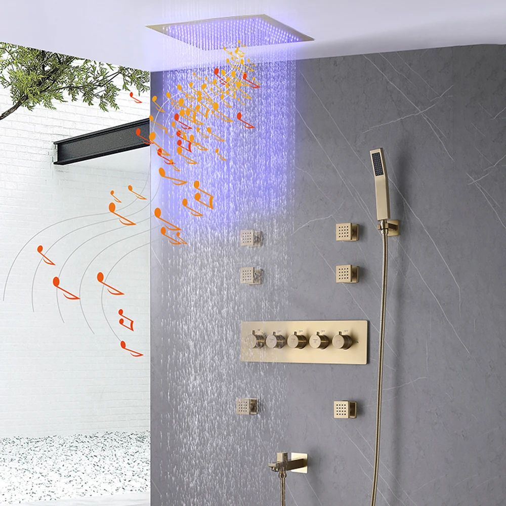 High end luxury brushed gold bathroom complete ceiling mounted music led thermostatic shower systems set