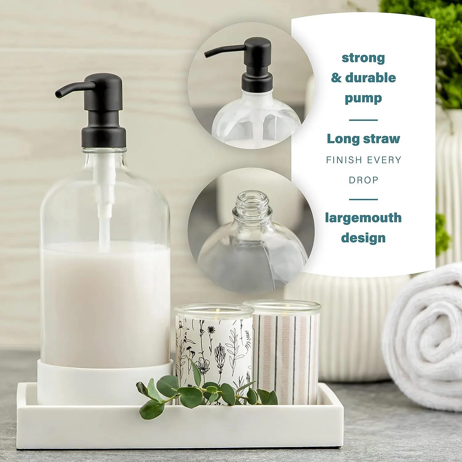 32 oz Glass Pump Rustproof Stainless Steel Pump Funnel and Lids Modern Farmhouse Vintage Jar Large Glass Shampoo Bottles