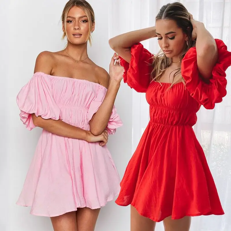 Wholesale women dress female vintage cotton puff sleeve ladies floral print mini elegant casual summer dresses