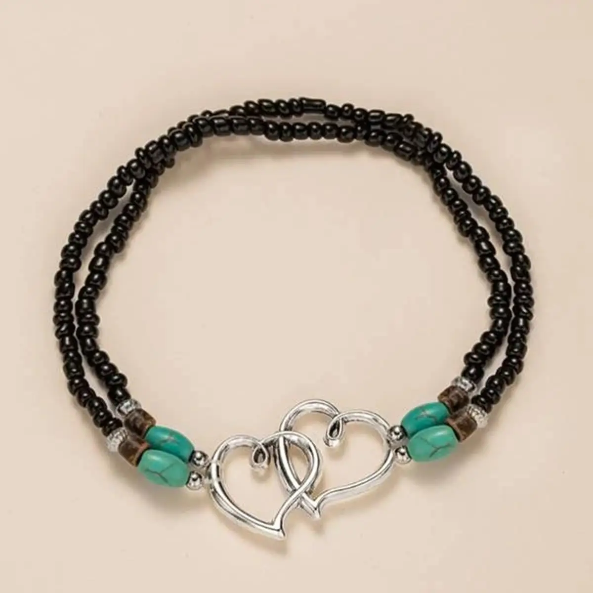 Factory Direct Sales Beach Wind Foot Fashion Pop Stack love Rice Bead Anklet Heart to Heart Turquoise 2 Heart Beaded Anklet