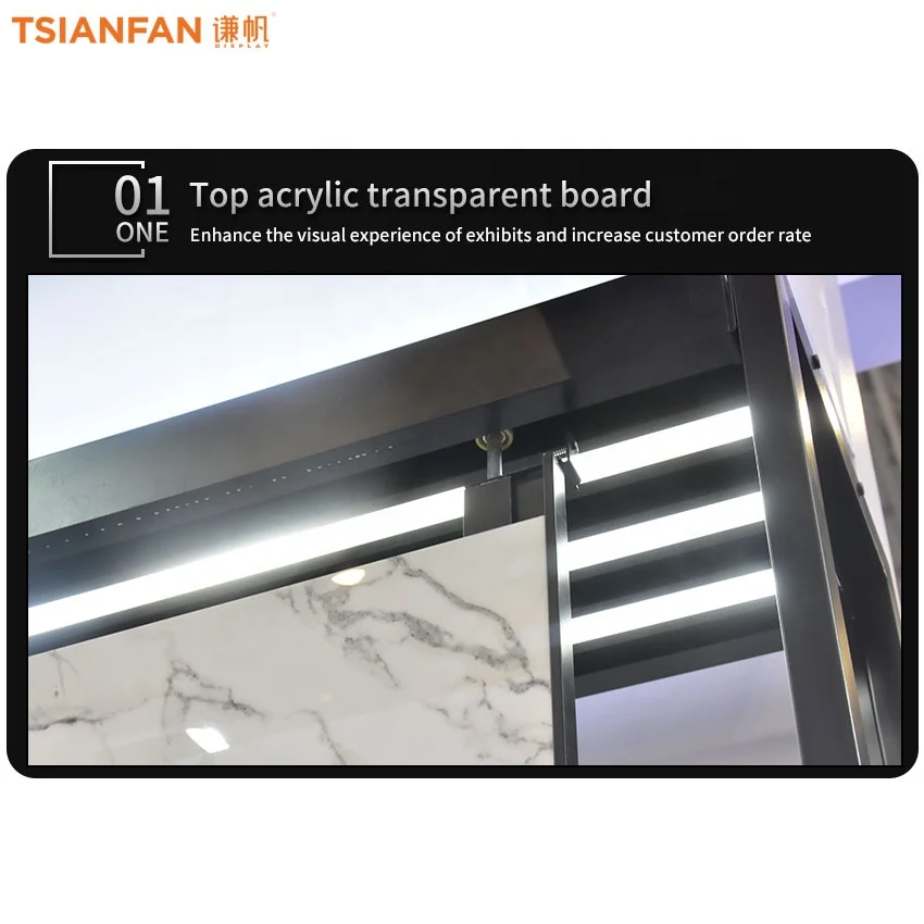 Tsianfan New Design Custom Slider Wooden Cabinet Door Sample Display Rack With Door Frame Sliding Doors Display Stand Exhibition