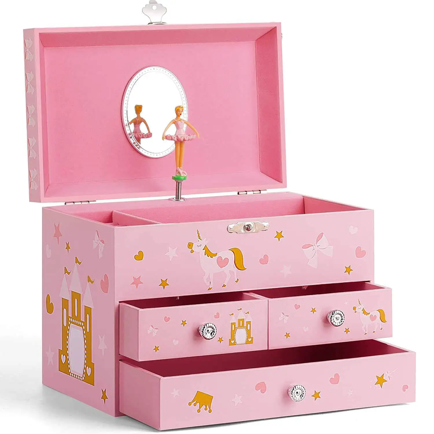Custom Fashion kids musical jewelry box Paper Wood Multi-layer Drawer ballerina dancing Girl Jewelry organizer Box with Mirror