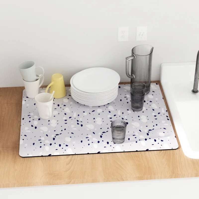 Super Absorbent Dish Drying Mat High Hide Stain Kitchen Countertop Pad Rubber Backed Tray Dinnerware Coffee Bar Pot Cup