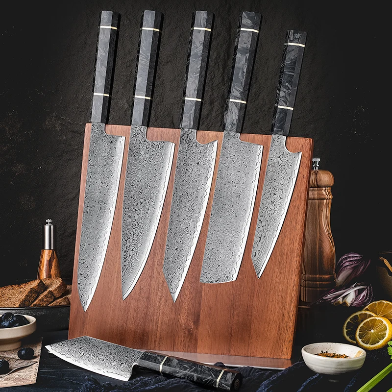 Japanese Damascus Stainless Carbon Steel 6Pcs Kitchen Knife Set Chef Utility Santoku Nakiri Knife with Carbon Fiber Handle