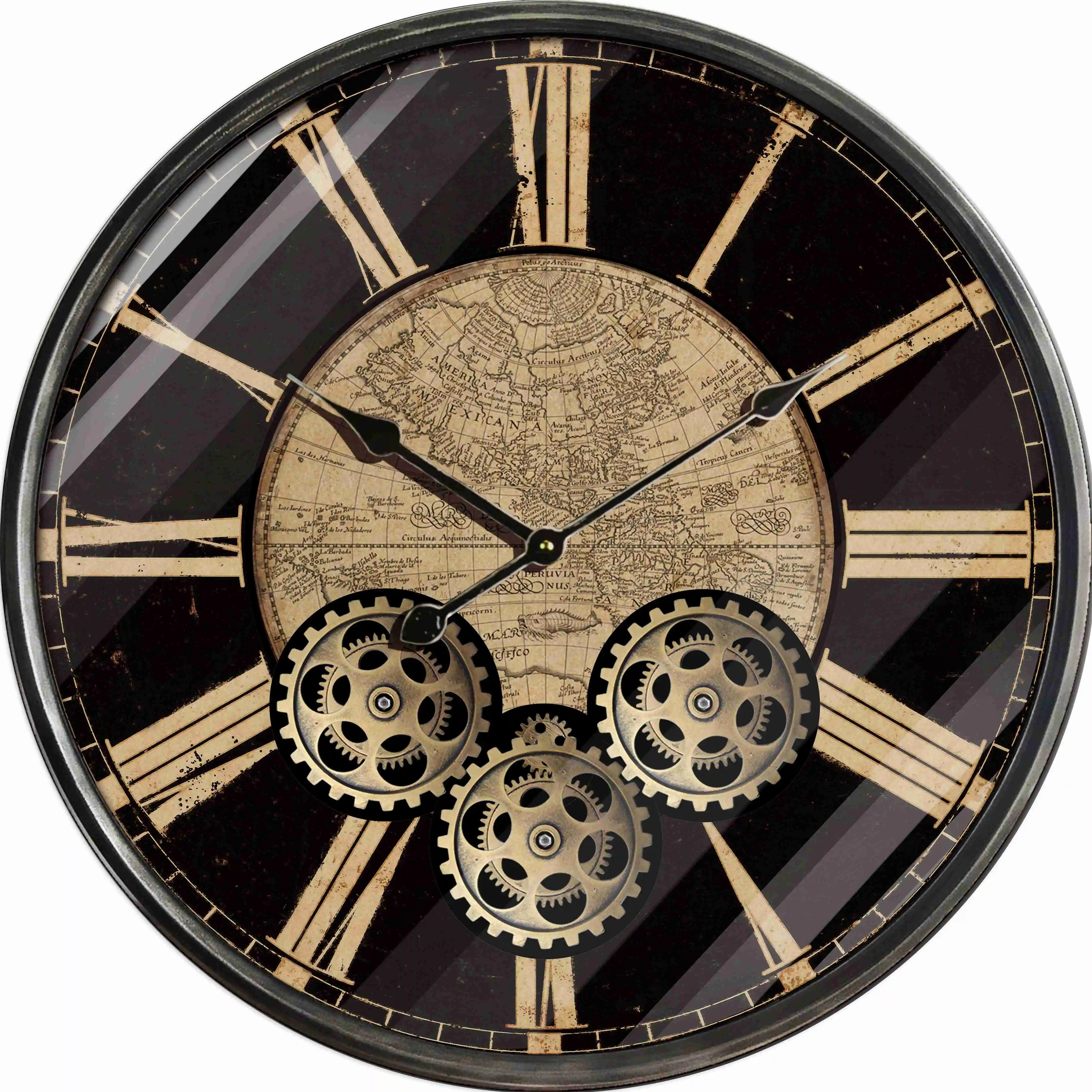 Large Vintage Round Gear Wall Clock  With Roman Numeral Silent Clock and Tempered Glass for Living room or Office Decoration