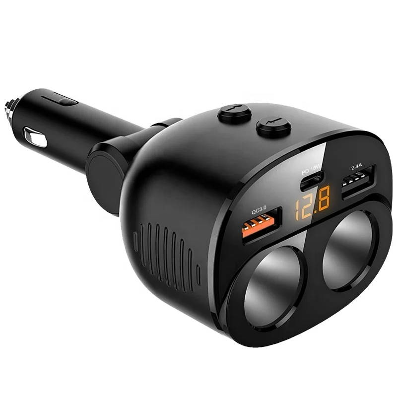 LCD Display QC3.0 PD18W fast car charger Power Adapter type-C 2 port USB C fast car charger Cigarette lighter socket