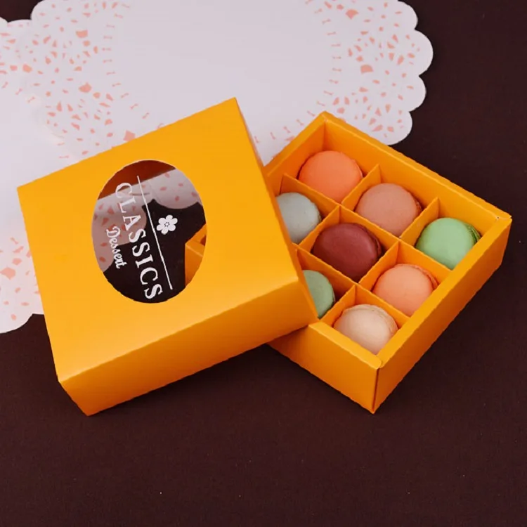 Customized white Paper chocolate macaron cake biscuits Packaging Box with Transparent Sleeve and baking paper