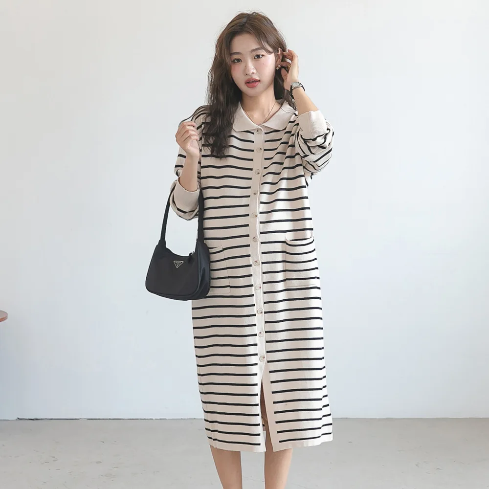 Autumn new maternity dress fashionable fashionable POLO collar striped dress mid-length fashionable hot mom knitted open dress