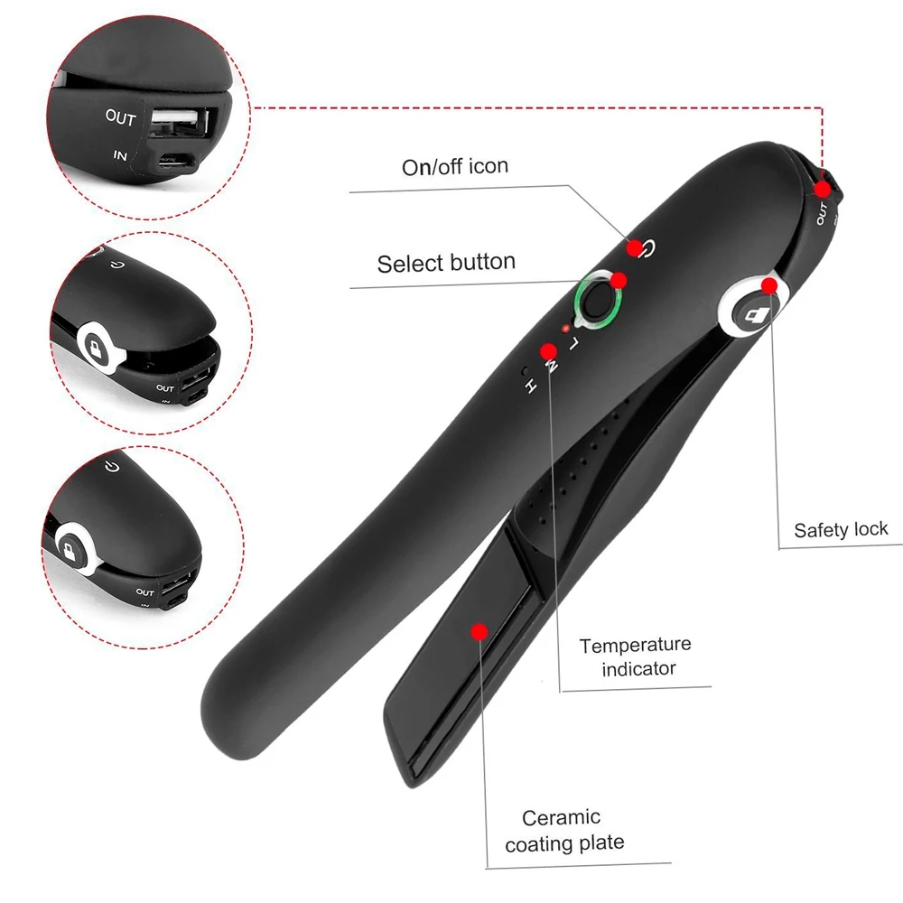 Professional Durable Travelling Rechargeable USB Cordless Hair Iron Wireless 2 in 1 Flat Iron Hair Straightener and Hair Curler