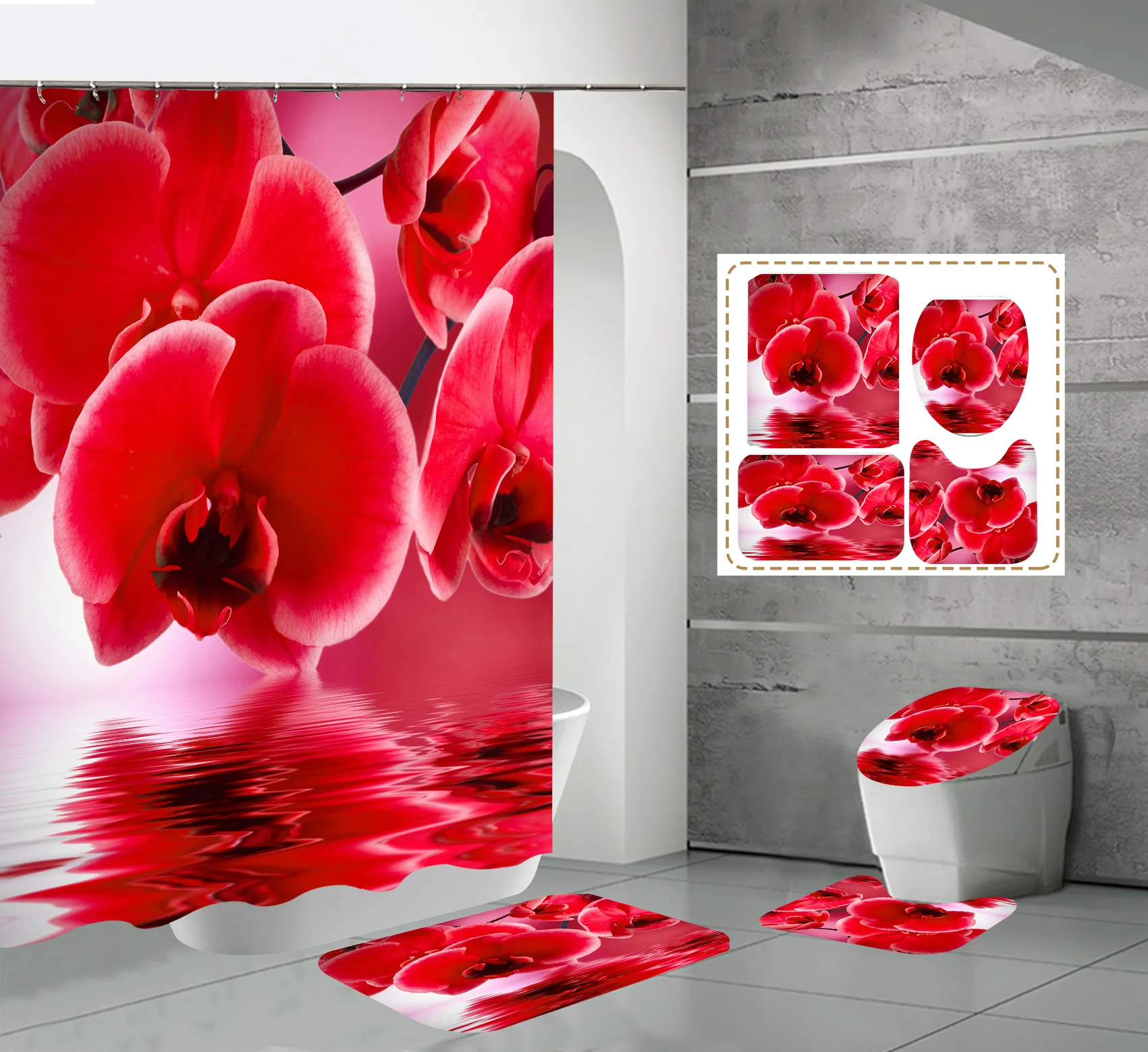 Promotion Custom Design Digital Printing Mildew Resistant Waterproof Bathroom 4 pcs set  Shower Curtain