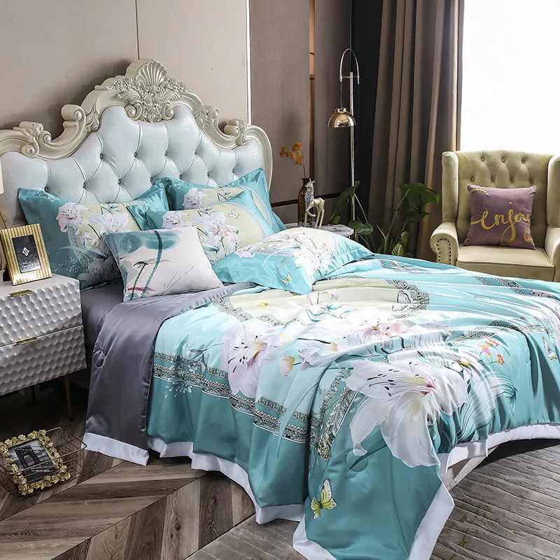 Lily Blue 100% Cotton Bed Sheet Comforter Sets Custom 3D Digital Printing Duvet Cover 4pcs Bedding Set