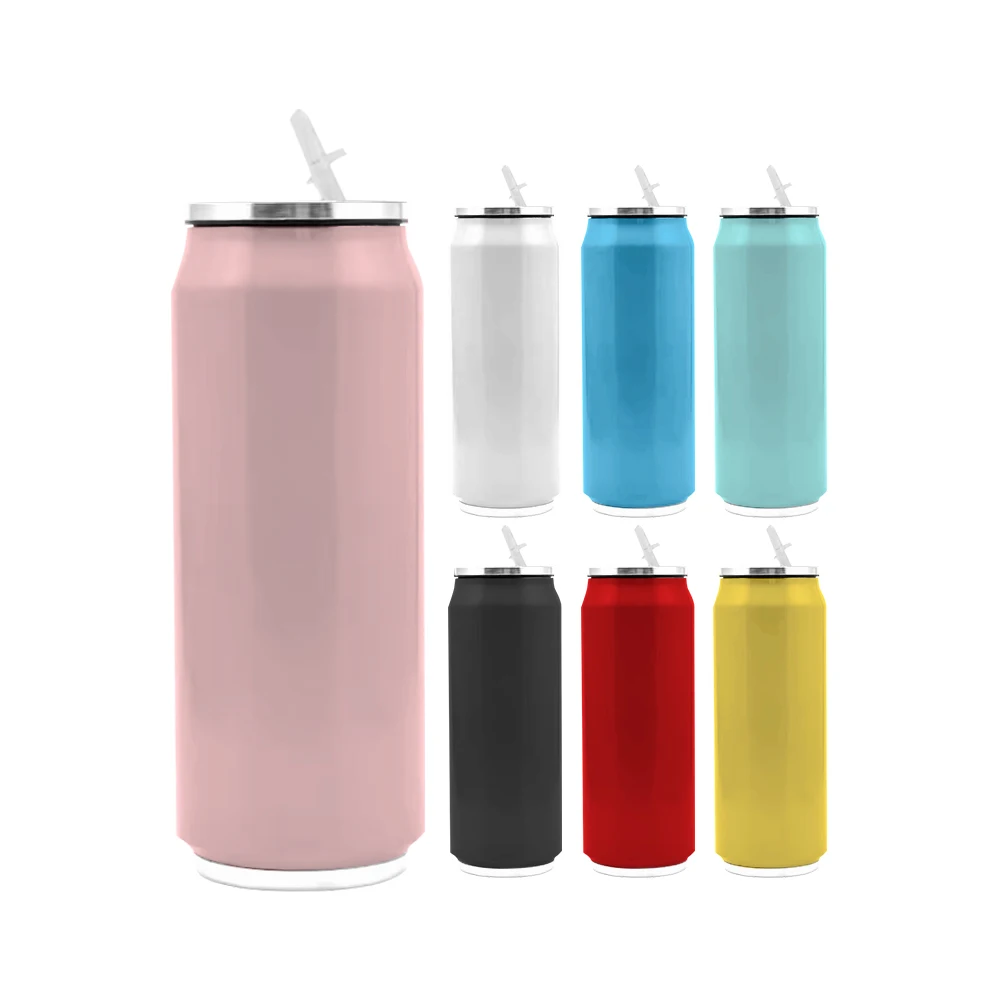Custom logo and print pipe 500ml Stainless Steel Cola Beer Soda Can Flip-up Straw Double Wall Travel tumbler  coffee suction mug