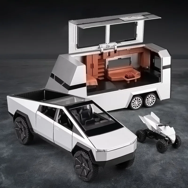 1/24 Die Cast Tesla Cyber Truck Pull Back Pick Up Model Opened Door With Light&Sound And Alloy Motorbike Die-Cast Car Model