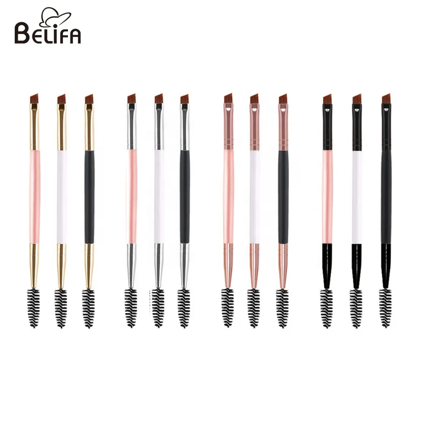 Belifa private label  rose gold silver black double end head mascara eye angled eyebrow wand and eyelash spoolie makeup brush