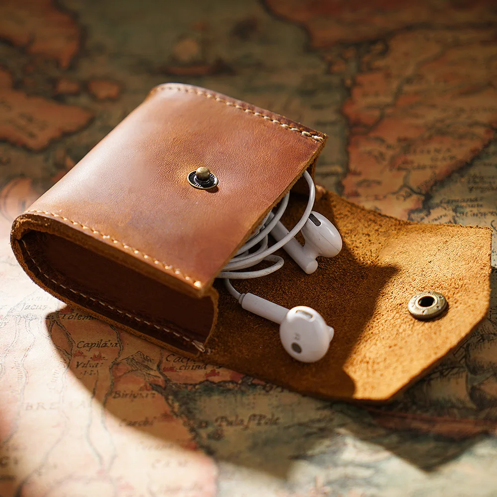 Genuine Leather Coin Purse Crazy Horse Cowhide Leather Wallet For Coins Data USB Cable Earphone