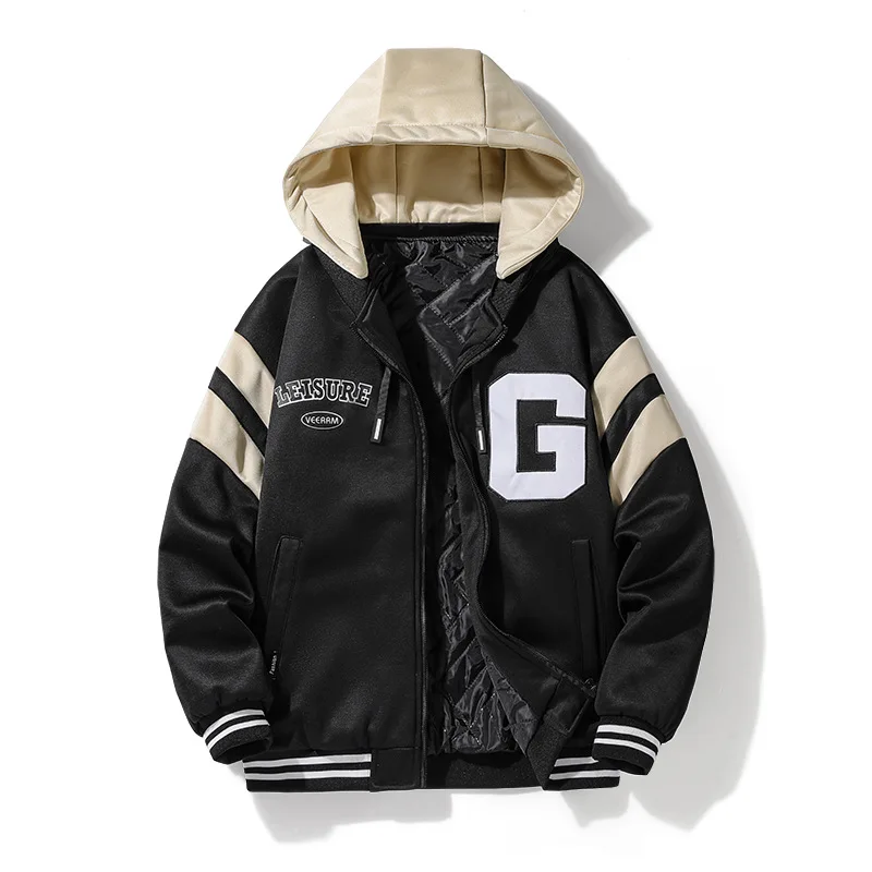 Custom Leather Chenille Embroidery Bomber Black Crew Neck Baseball Vintage Letterman Jacket with hood for Men