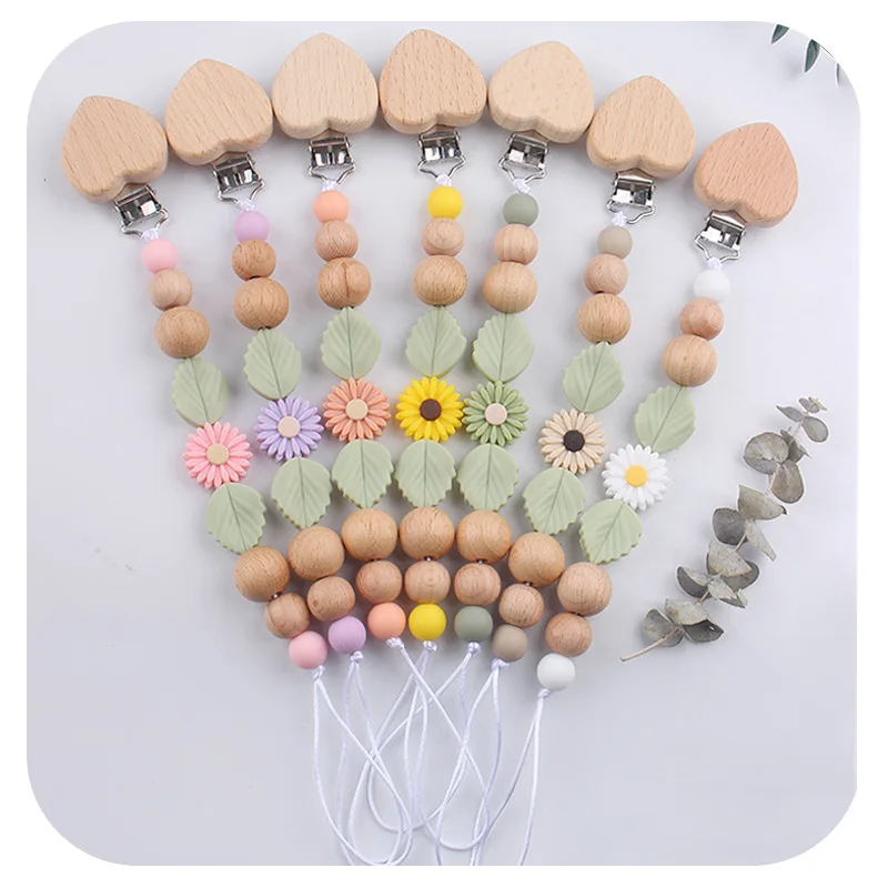 BPA Free Silicone Beads Daisy Pacifiers Clip Chain Wooden Teething Toys Baby Pacifier Clip for New Born Opp Bag Standard