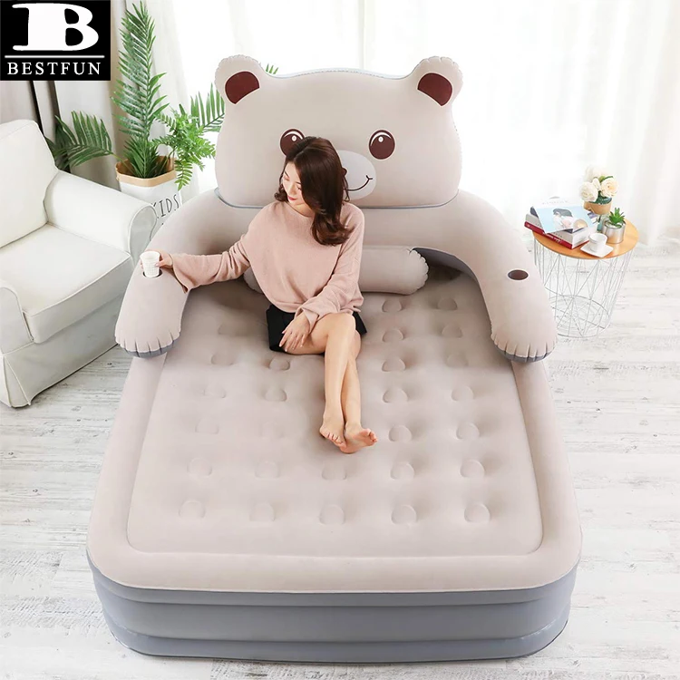 downy flocking inflatable raised airbed with built-in electric pump folding twin size air mattress with bear backrest pillow