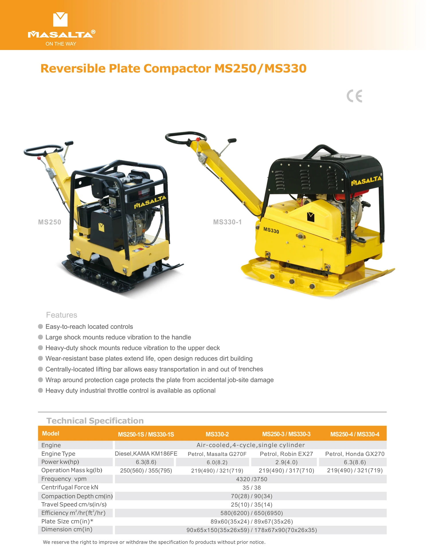 Masalta MS250 Reversible vibrating plate compactor with Honda GX270 U type EPA engine