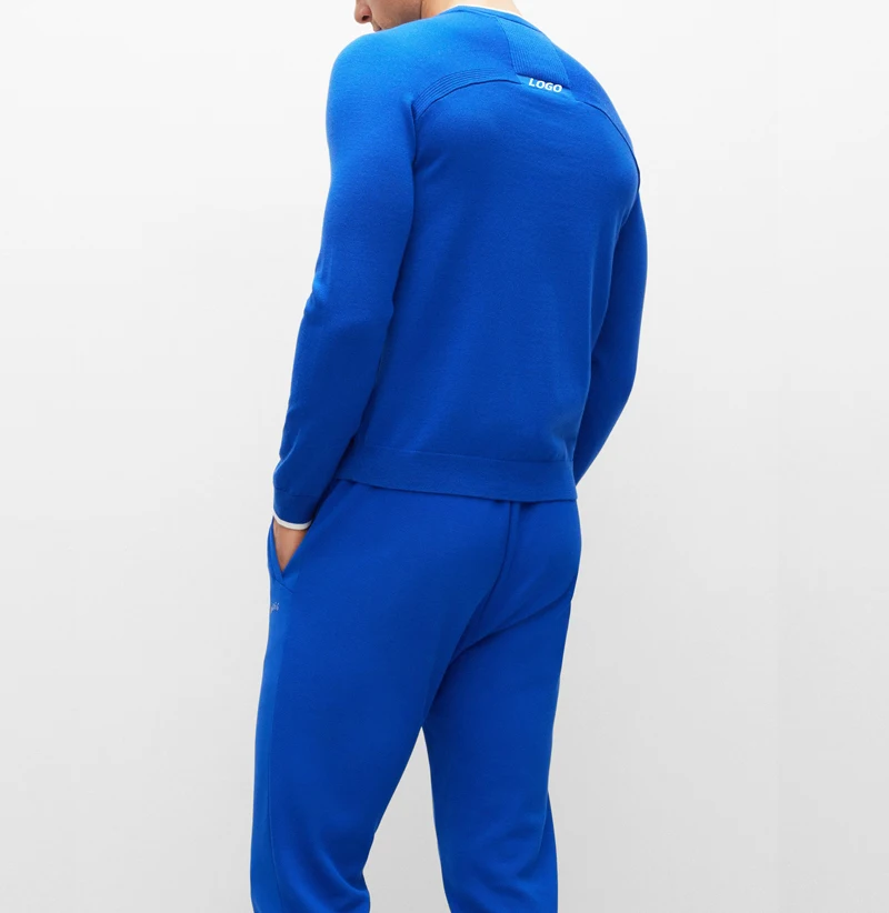 2024 Top Grade Men Luxury Royal Blue Sportswear Custom Logo Cashmere Knitted Warm Sport Sweater