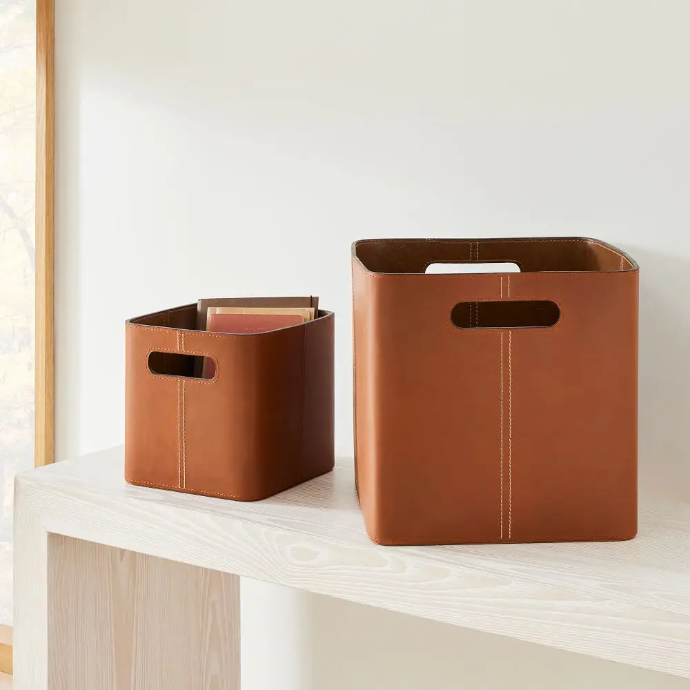 Factory Supply Sundry Storage Leather Laundry Basket Magazine Storage Baskets For Organizing With Handle