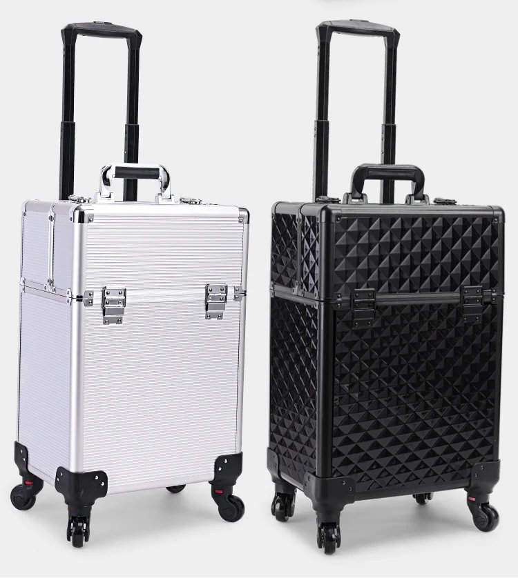 Makeup Train Organizer Cosmetic Train Suitcase with 4 Wheels Aluminum Rolling Makeup Cosmetic Beauty Case