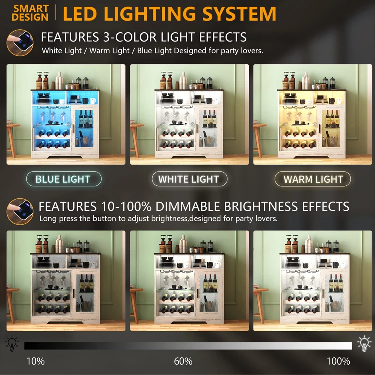 Home Living Dining Room Farmhous Power Outlet Wine Coffee Bar Cabinet Kitchen Sideboard LED Strip Liquor Buffet Rack Cabinet