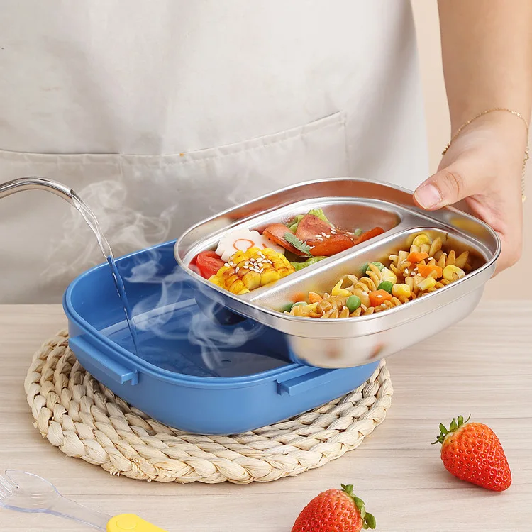 2023 Hotselling 304 SUS stainless steel lunch box with 2 or 3 compartment square heated lunch box with cutlery for kids