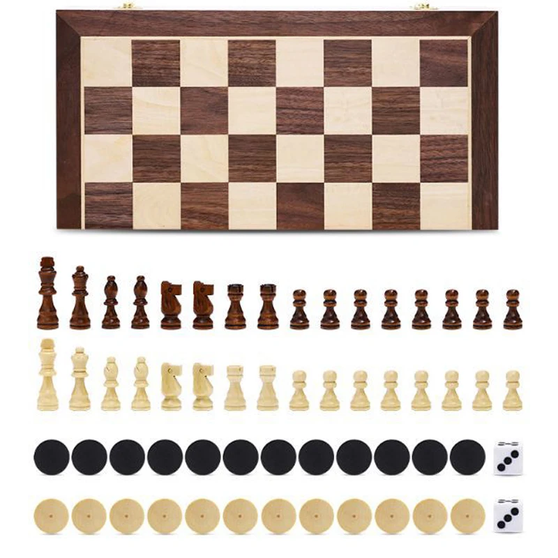 3 in 1 Non Magnetic Wooden Chess Board Backgammon Checkers Travel Games Chess Set Board Game