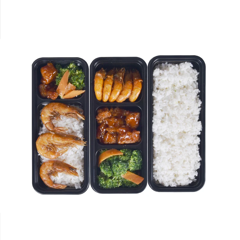 Japanese rectangular food container packaging takeaway bento lunch box 2 3 portion compartment black base containers with lids