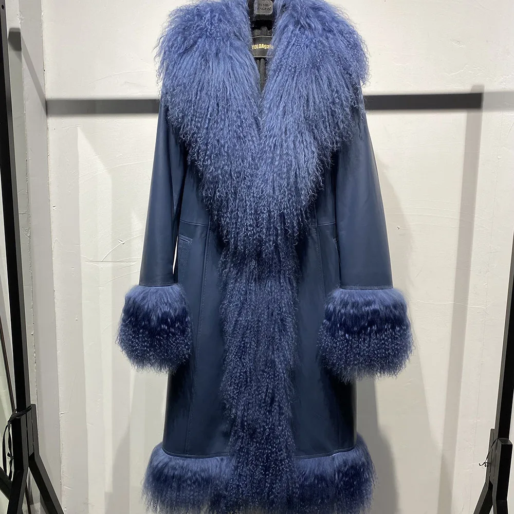 2024 Winter New Blue Long Fur Coat Fluffy Real Fur Coat Warm Sheep Fur Coat Women