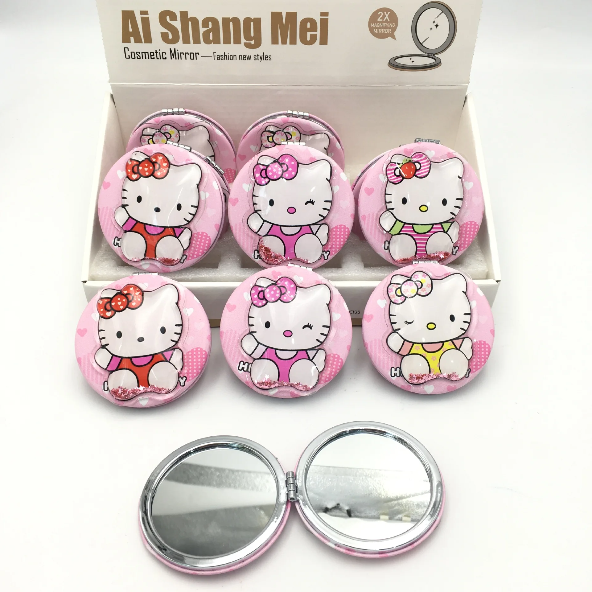 Cartoon Liquid Quicksand Foldable Mirror Double-side KT Pocket Mirror  Makeup Mirror with 1X/2X Magnifying