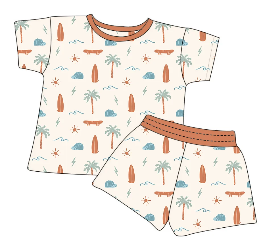 Natural Style Summer Beach Boys Girls Shirts and Shorts Playsuits Baby Kids Soft Cotton Printing Clothing Sets