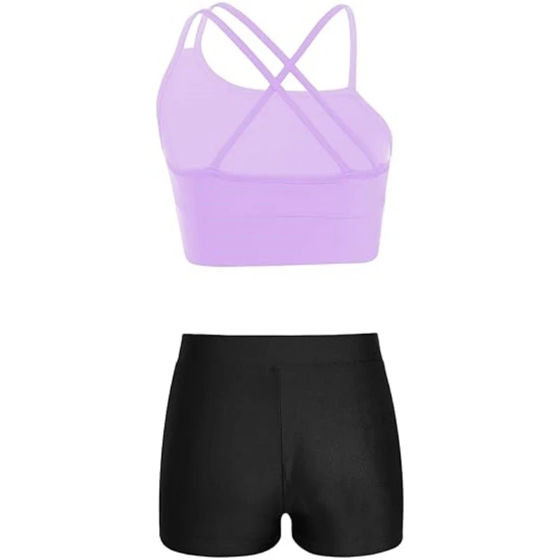 Spandex Nylon Elastic Custom Logo Kids Tank Tops Child Gymnastics Sports Training Attire Camisole Belly Length Tank Top Shorts