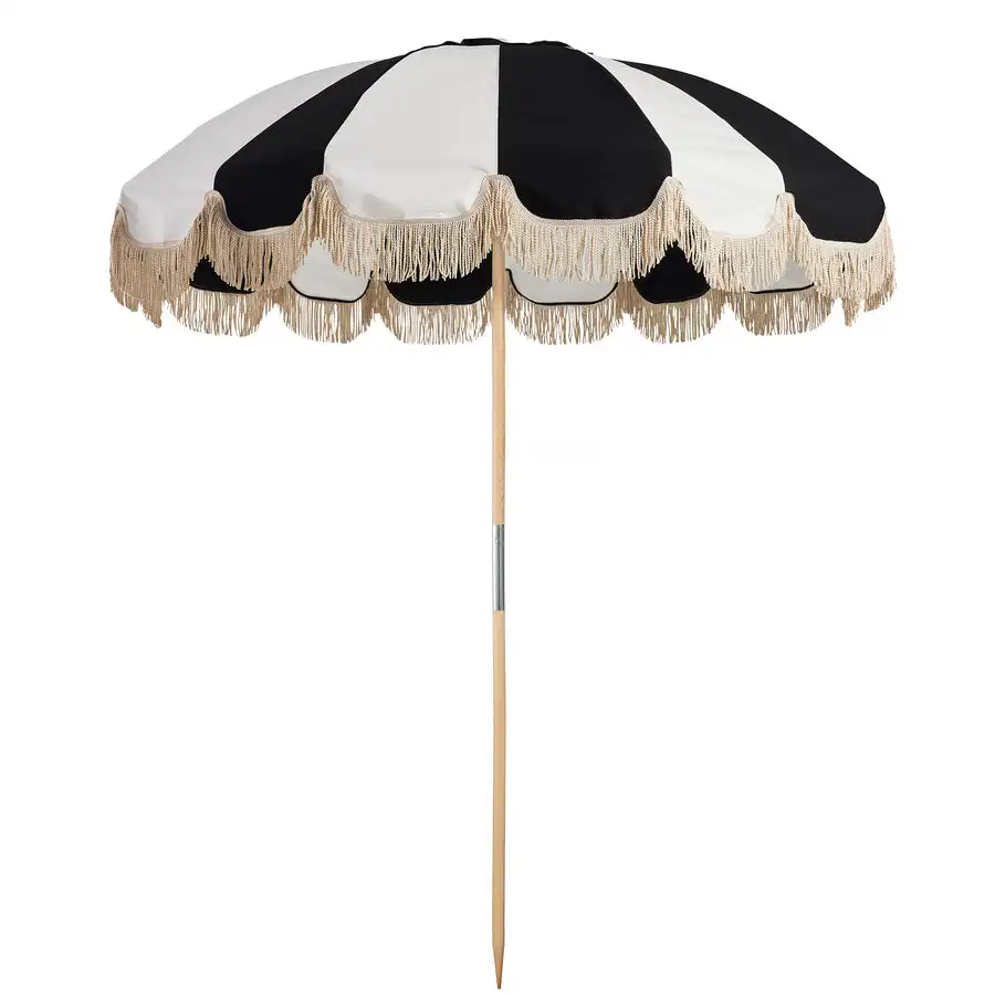 2023 New Design Luxury, Wooden Pole Windproof Outdoor Sun Parasols Custom cotton Navy Striped Fringe Beach Tassels Umbrellas/