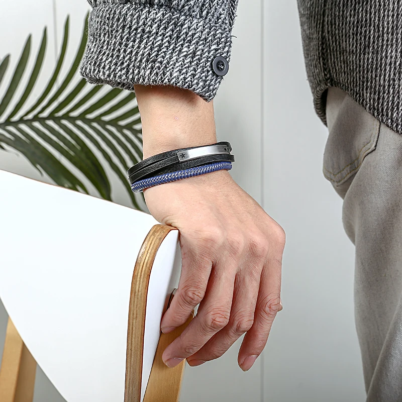 Stainless Steel Magnetic Closure Blue Round Leather Cord Chain Bracelet Men Woven Leather Bracelet for Anniversary