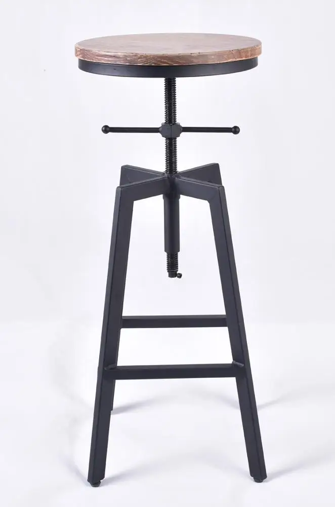 Industrial Antique Wooden Top Height Adjustable Cheap Metal Bar Stools