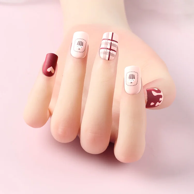 NEWAIR 24pcs/box matte design short square nail tip milk heart ice cream pattern press on nail false nail supplies