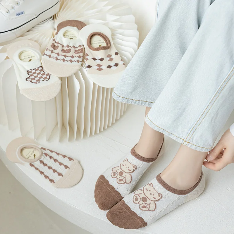 Wholesale women silicone anti slip bear socks summer breathable cooldry cotton socks no show mesh invisible low cut socks