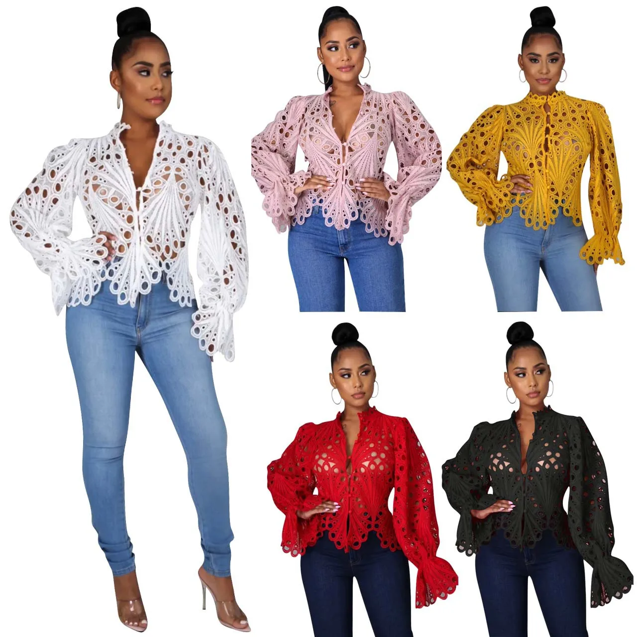 Amazon Women Sexy Hollow Out Tops Solid Party Club Shirts Ruffles Sleeves Ladies Blouses Fall 2022 Women Clothes