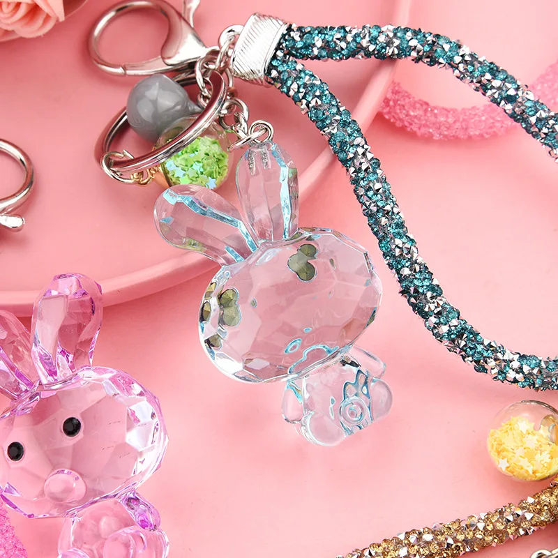 fashion polygon cute clear acrylic plastic key chains crystal keychain ring color glass rabbit key chain
