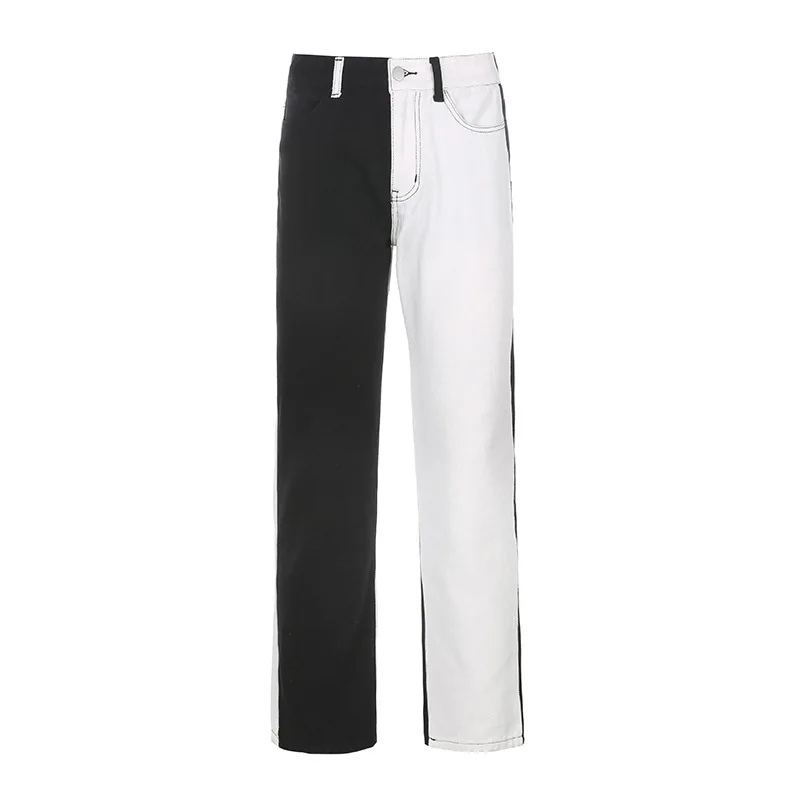 
Stylish Female Fall pantalones de pierna recta Trouser High Waist Black White Cotton Casual Wear Patchwork Pencil Jean For Women 