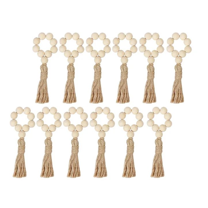 Custom Natural Wood Bead Napkin Rings Christmas Elastic Boho Napkin Ring Wooden Napkin Ring with Tassel for Table Fall Decor